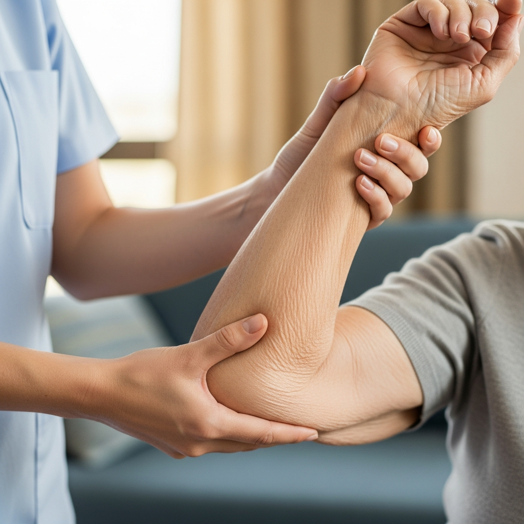 Người thân hỗ trợ nâng đỡ và gập duỗi tay cho người bệnh trong bài tập vận động thụ động.