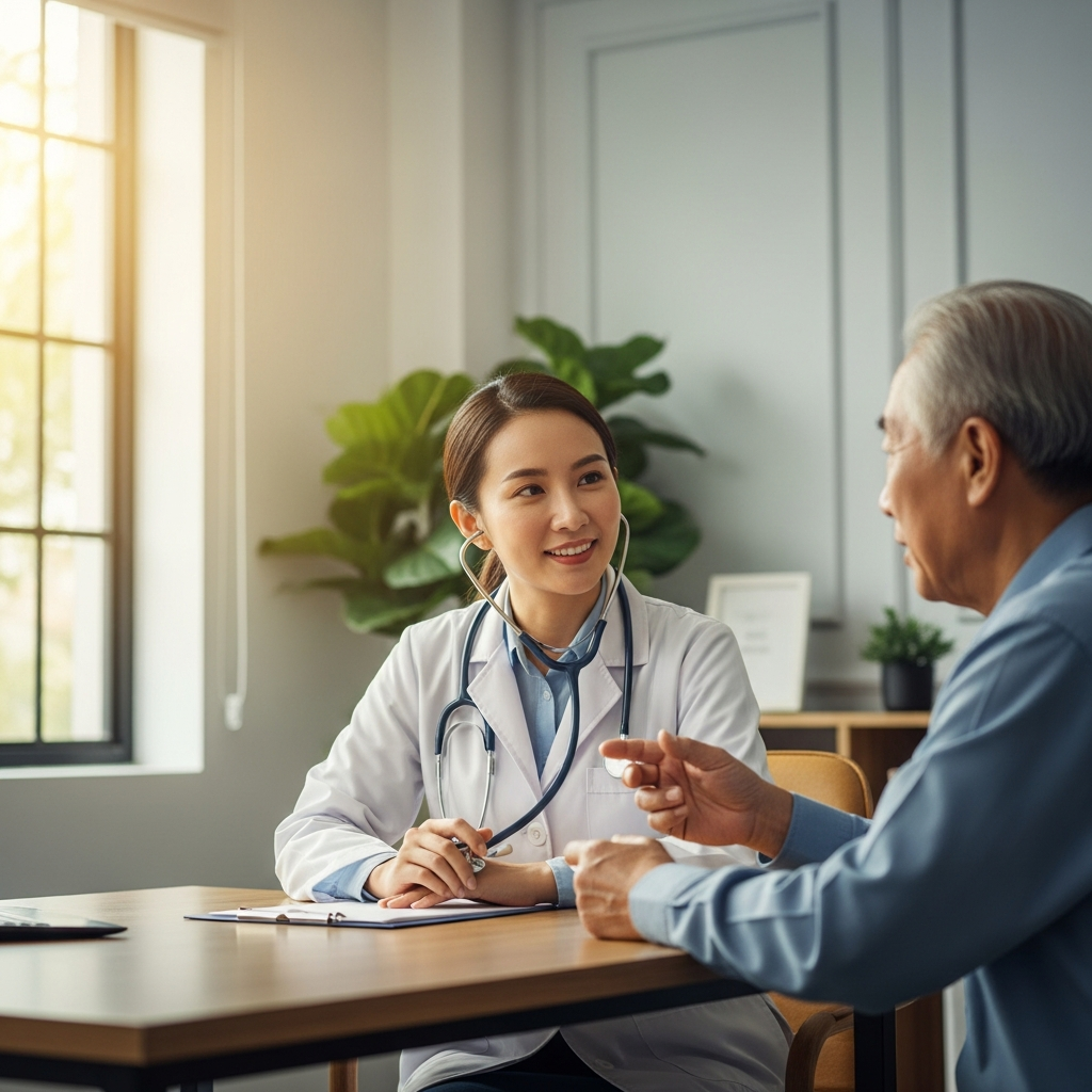 Bác sĩ đang tận tình thăm khám và tư vấn sức khỏe cho người cao tuổi tại phòng khám để xác định nguyên nhân mất ngủ.
