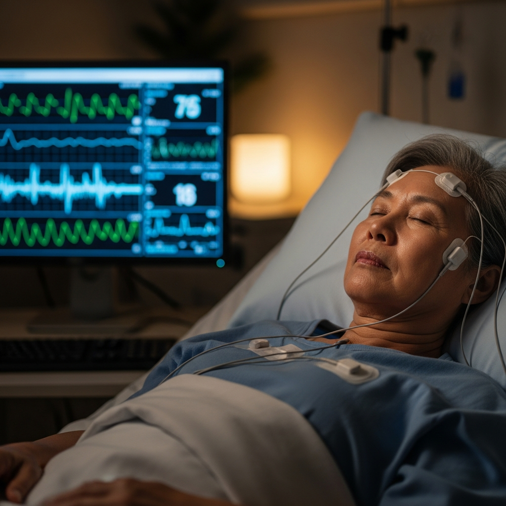 Người cao tuổi đang thực hiện đo đa ký giấc ngủ tại cơ sở y tế với các thiết bị theo dõi chuyên dụng