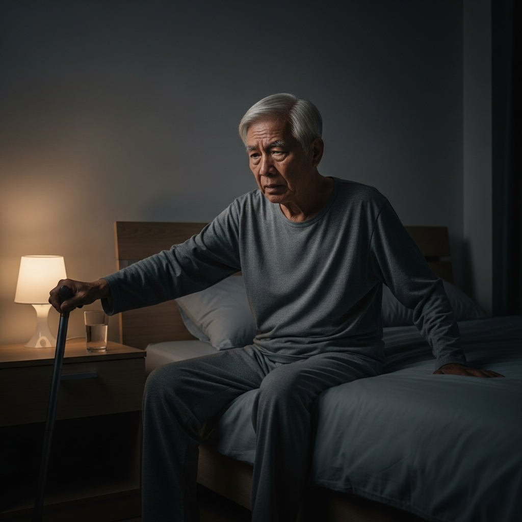 Một người cao tuổi ngồi bên mép giường trong trạng thái lơ mơ và không vững, minh họa cho nguy cơ té ngã do tác dụng phụ của thuốc ngủ.
