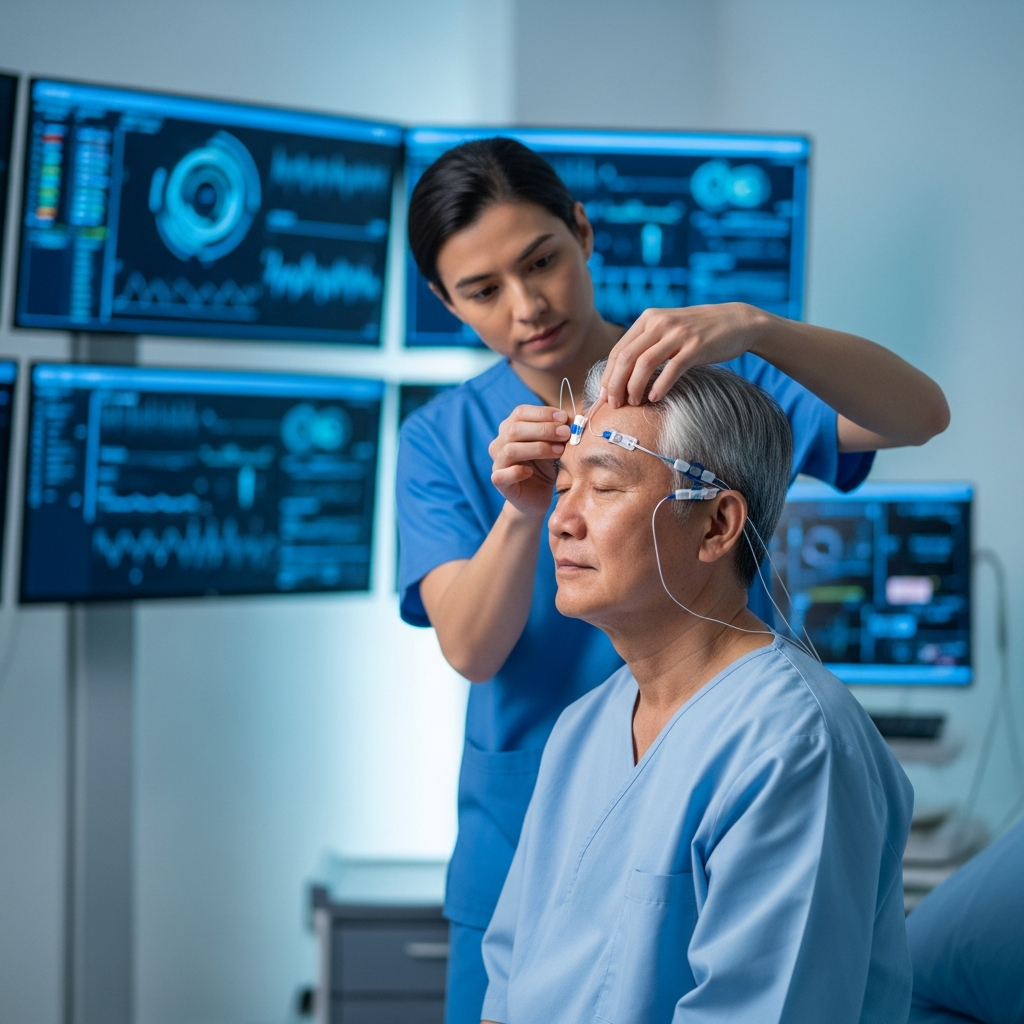 Bác sĩ đang gắn các thiết bị cảm biến đo đa ký giấc ngủ lên vùng đầu cho bệnh nhân cao tuổi trong phòng khám chuyên khoa.