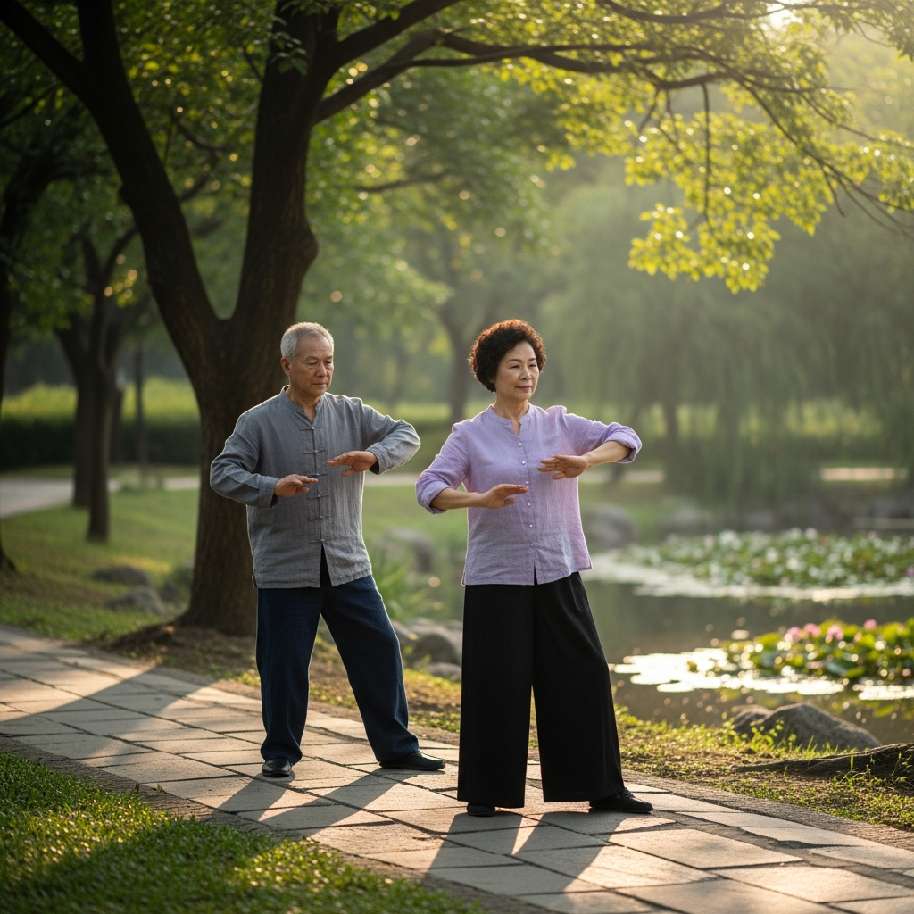 Người cao tuổi tập dưỡng sinh và vận động nhẹ nhàng trong công viên xanh mát để thư giãn tinh thần và dễ ngủ hơn.