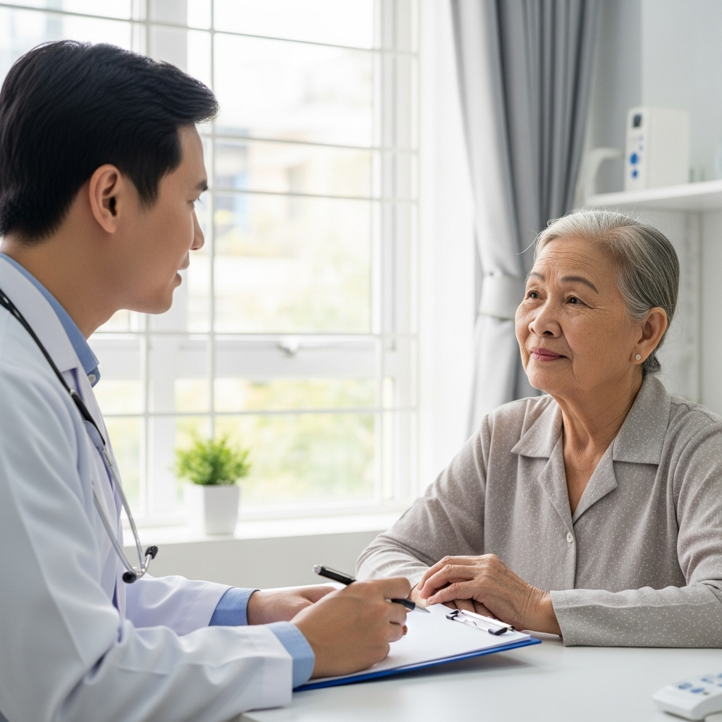 Bác sĩ đang tư vấn phương pháp điều trị mất ngủ cho bệnh nhân cao tuổi trong phòng khám