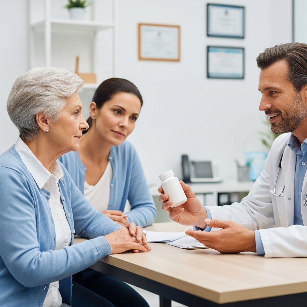 Bác sĩ đang tư vấn kỹ lưỡng cho bệnh nhân cao tuổi và người nhà về cách sử dụng thuốc an toàn tại phòng khám.