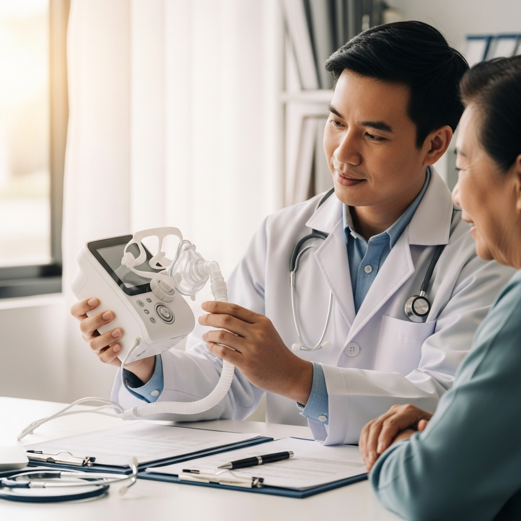 Bác sĩ chuyên khoa đang tư vấn và hướng dẫn người cao tuổi sử dụng máy trợ thở CPAP để điều trị ngưng thở khi ngủ.