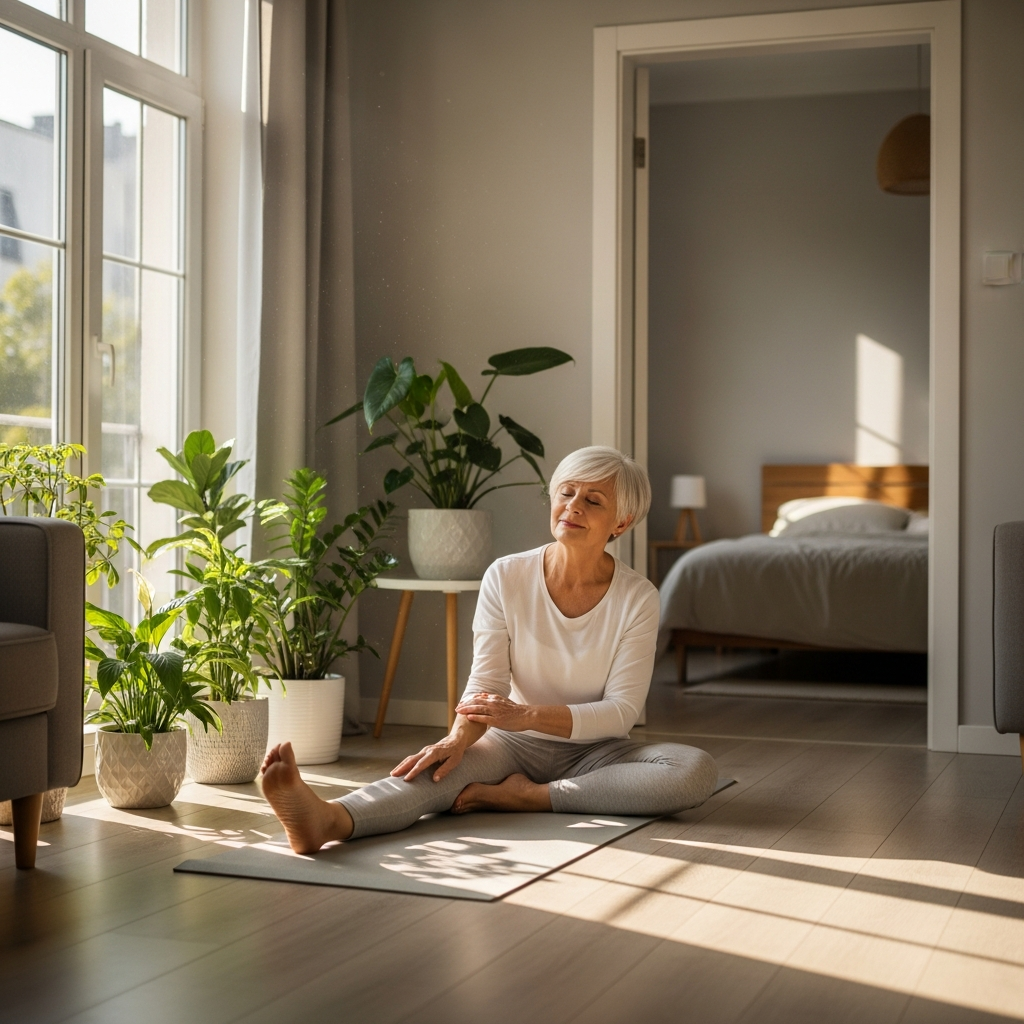 Người cao tuổi tập thể dục nhẹ nhàng trong không gian thoáng đãng, minh họa cho lối sống lành mạnh giúp cải thiện giấc ngủ tự nhiên.