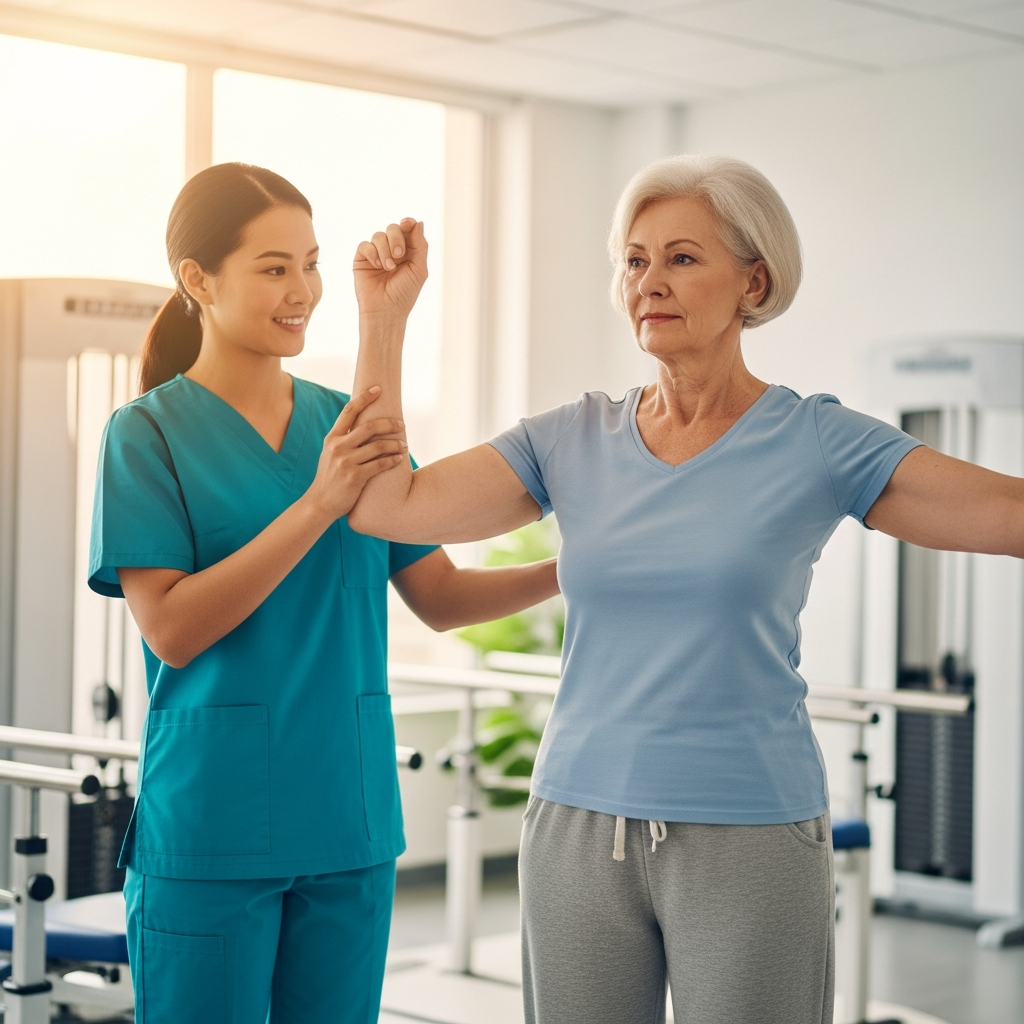 Chuyên gia vật lý trị liệu hỗ trợ người cao tuổi kiểm tra khả năng thăng bằng trong phòng khám.