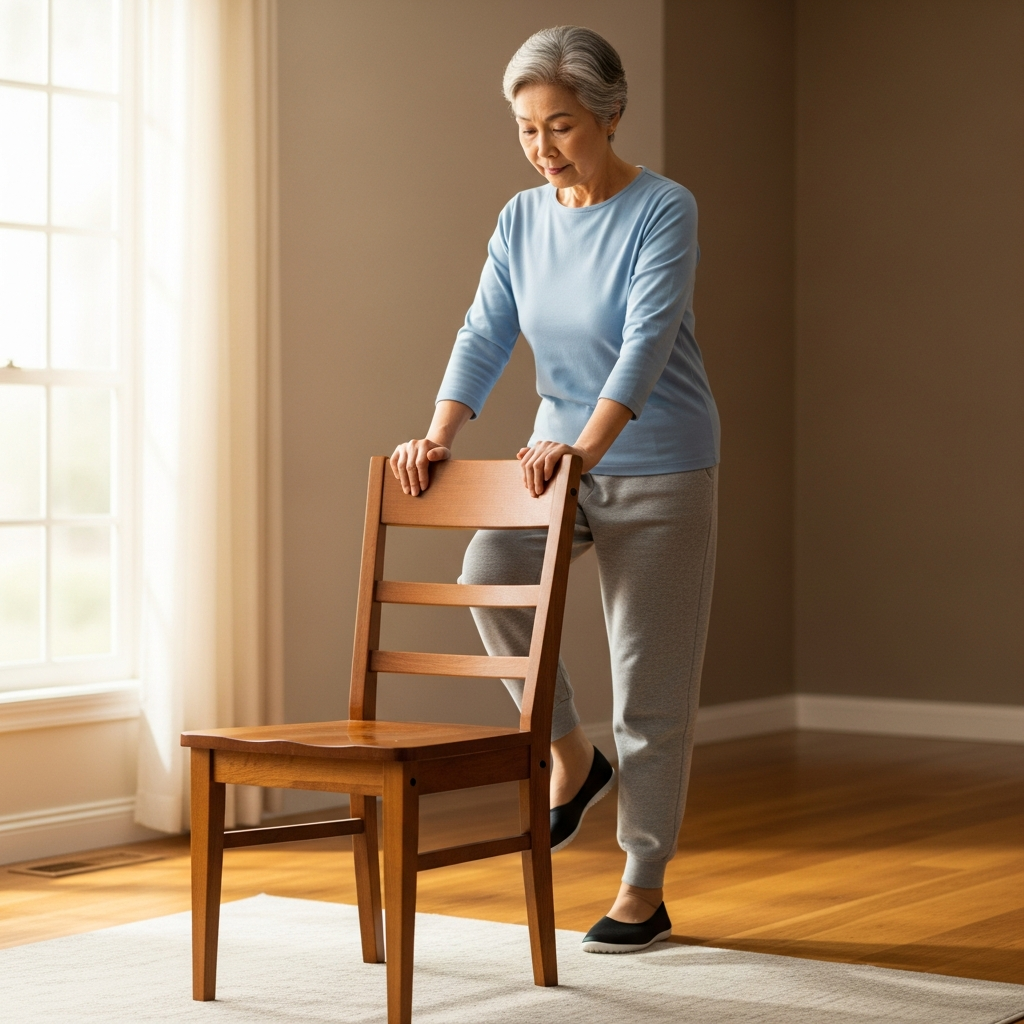 Người cao tuổi thực hiện bài tập đứng một chân với sự hỗ trợ của ghế tựa để giữ thăng bằng.