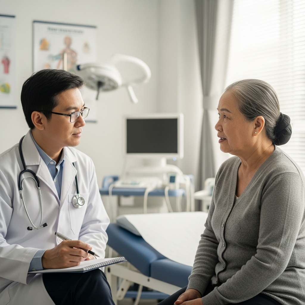 Bác sĩ đang tư vấn và khám bệnh cho người cao tuổi tại phòng khám chuyên khoa tiết niệu.