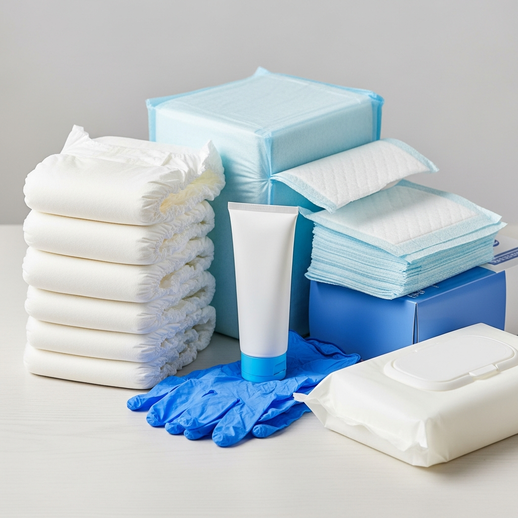 Bộ dụng cụ vệ sinh cho người già bao gồm tã giấy, tấm đệm lót, găng tay y tế và kem chống hăm được sắp xếp gọn gàng.