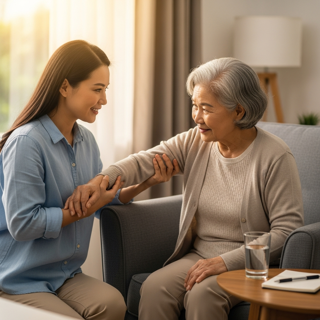 Người thân hỗ trợ người cao tuổi sinh hoạt và tập luyện tại nhà để cải thiện tình trạng tiểu không tự chủ.