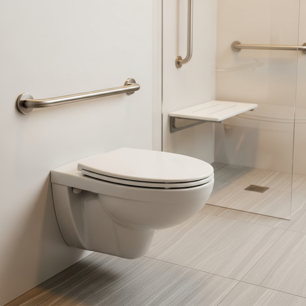Thiết kế nhà vệ sinh an toàn cho người già với thanh vịn và sàn chống trượt.