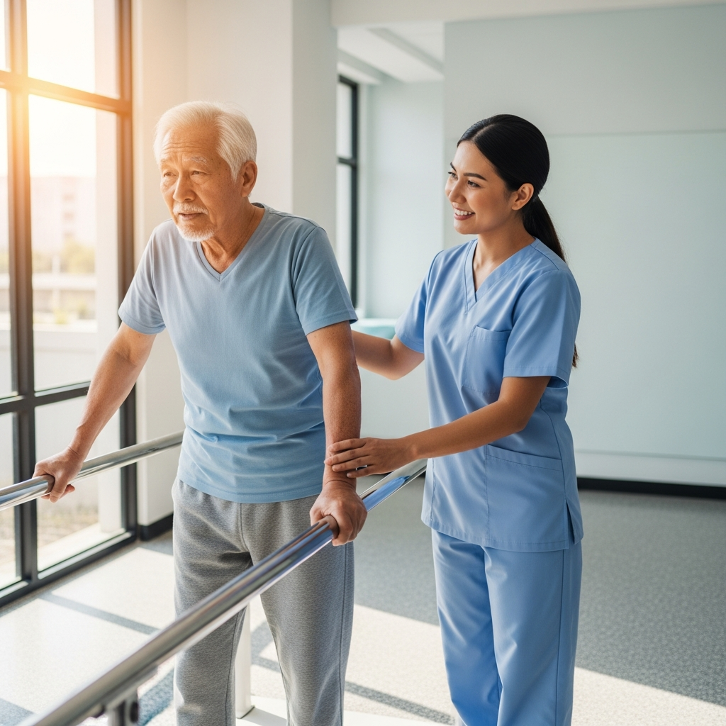 Hình ảnh người cao tuổi đang tập đi dưới sự hướng dẫn và hỗ trợ tận tình của chuyên gia vật lý trị liệu.