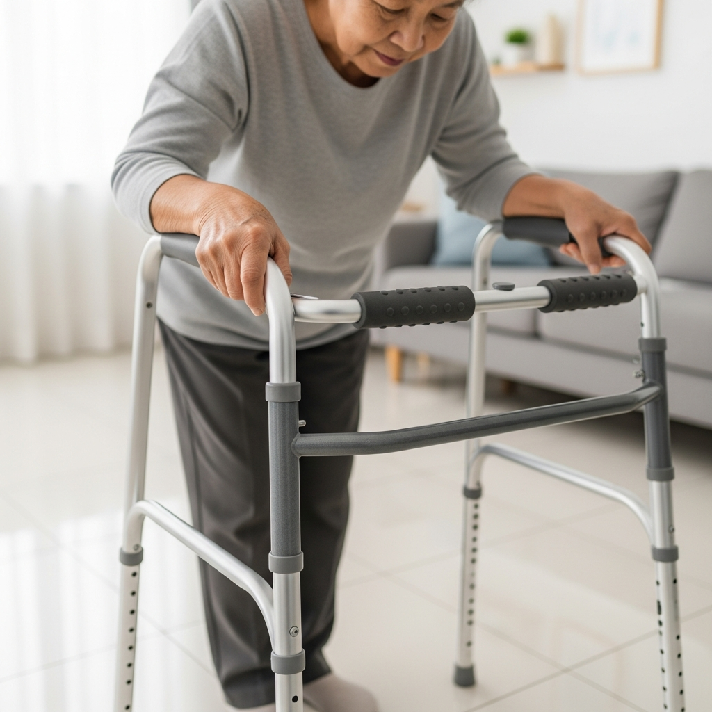 Cụ bà đang sử dụng khung tập đi bằng hợp kim nhôm để di chuyển an toàn trong nhà.