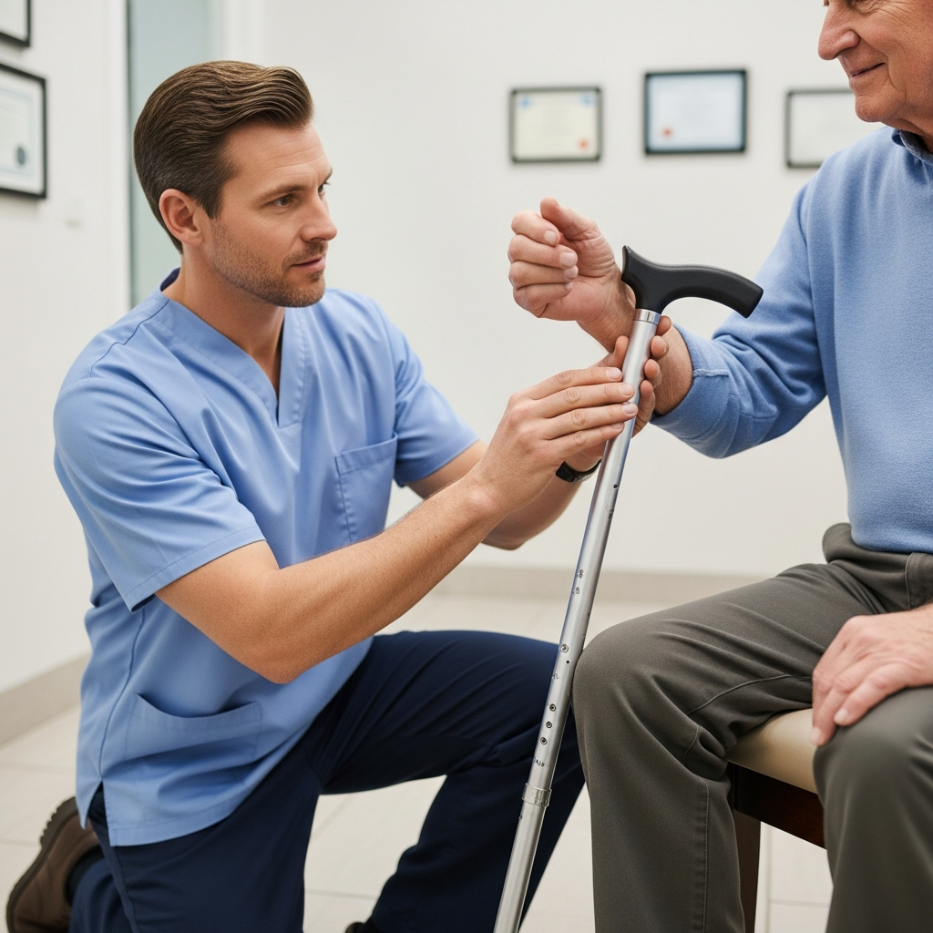 Chuyên gia y tế đang đo và điều chỉnh chiều cao của dụng cụ hỗ trợ đi lại cho phù hợp với người cao tuổi.