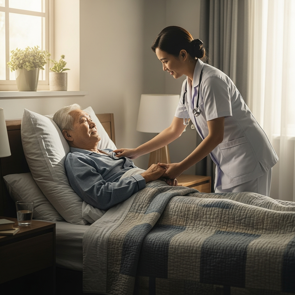 Y tá chăm sóc ân cần cho người cao tuổi mắc bệnh hô hấp tại nhà, tạo cảm giác an tâm và tin cậy.