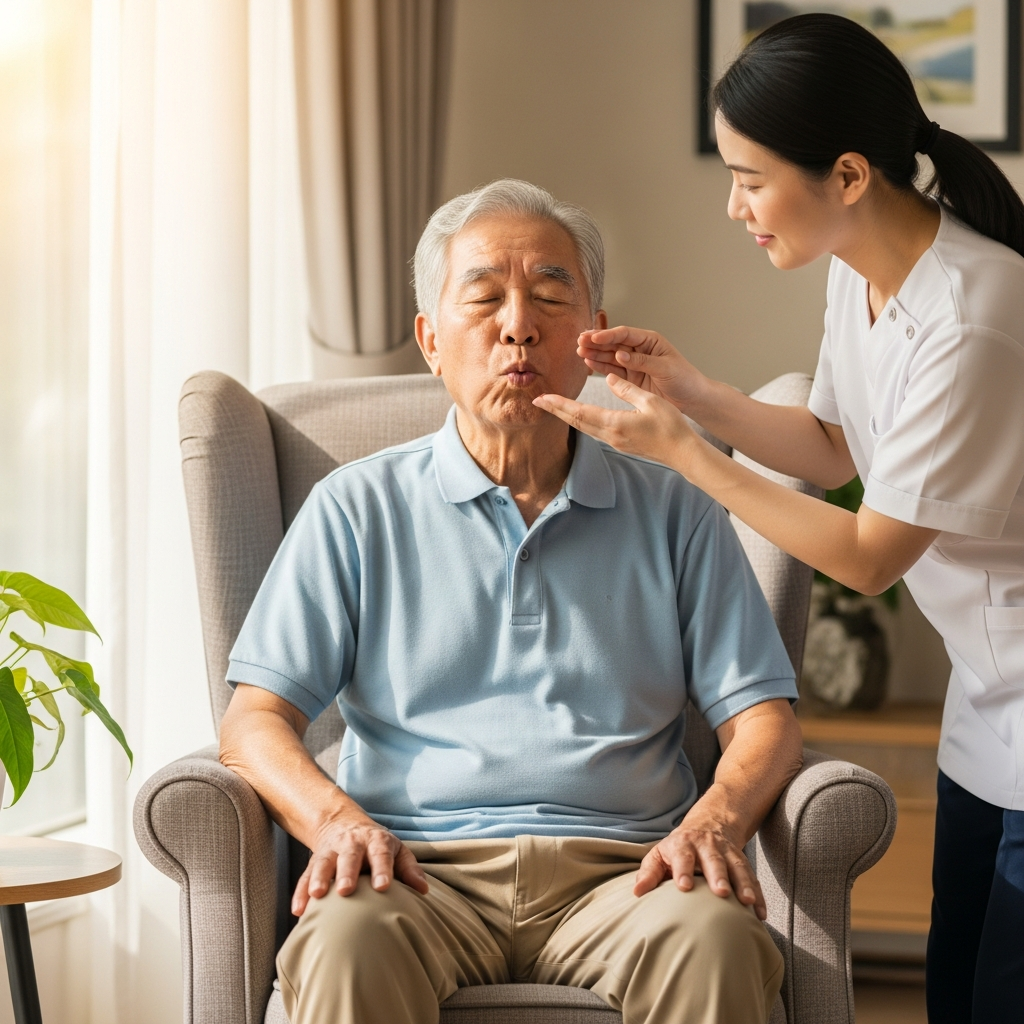 Người cao tuổi thực hiện kỹ thuật thở chúm môi dưới sự hướng dẫn của người chăm sóc tại nhà