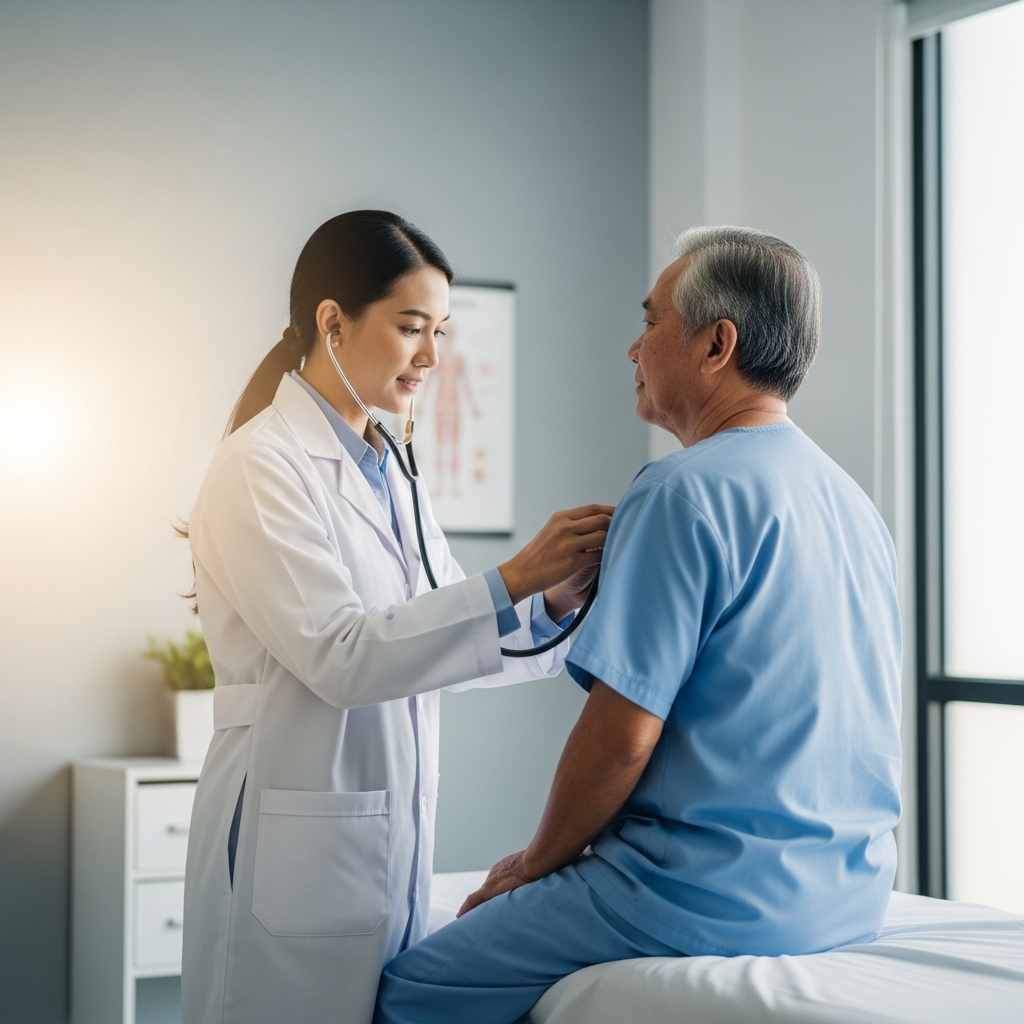 Bác sĩ đang dùng ống nghe kiểm tra phổi cho một bệnh nhân nam cao tuổi trong phòng khám hiện đại.