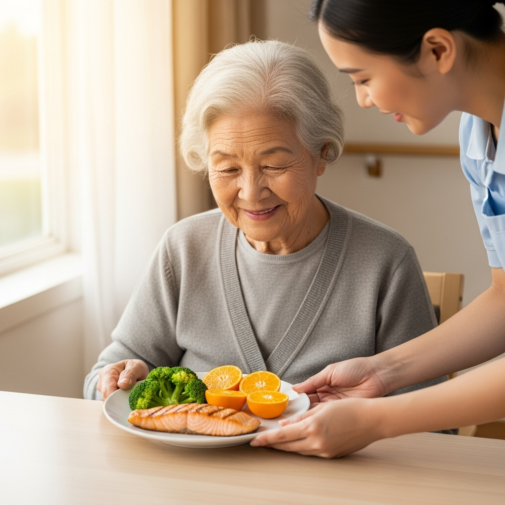 Người cao tuổi vui vẻ chuẩn bị dùng bữa ăn dinh dưỡng với cá hồi và rau xanh dưới sự chăm sóc của người thân, giúp tăng cường hệ miễn dịch.