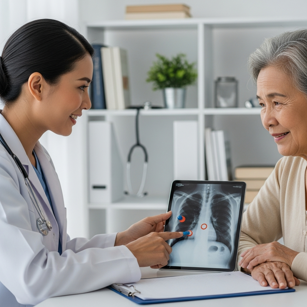 Bác sĩ đang tư vấn và giải thích phim chụp phổi cho người cao tuổi trong phòng khám.