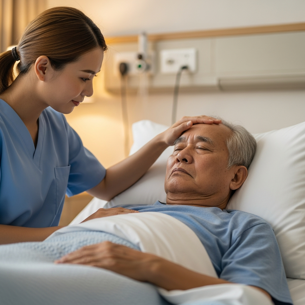 Hình ảnh người cao tuổi nằm trên giường bệnh với vẻ mệt mỏi, li bì, được người thân chăm sóc ân cần, minh họa cho dấu hiệu viêm phổi thầm lặng.