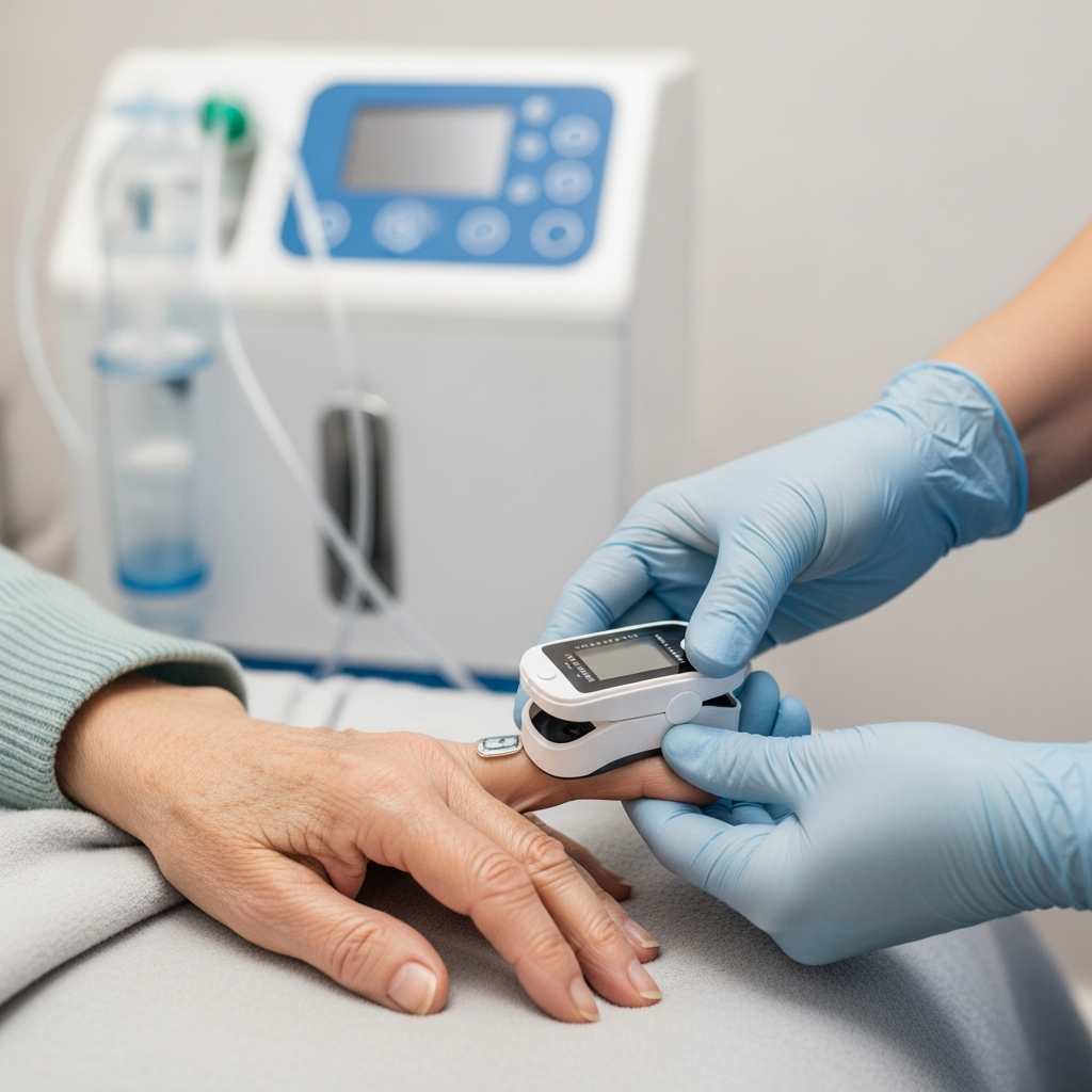 Điều dưỡng viên kiểm tra chỉ số SpO2 cho bệnh nhân bằng máy đo nồng độ oxy và thiết bị hỗ trợ thở tại nhà.