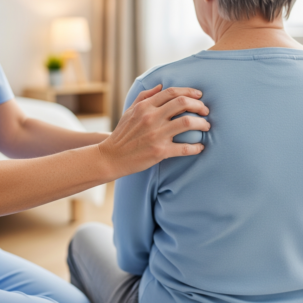 Cận cảnh bàn tay khum lại của người chăm sóc khi thực hiện kỹ thuật vỗ rung lưng để hỗ trợ long đờm cho người bệnh