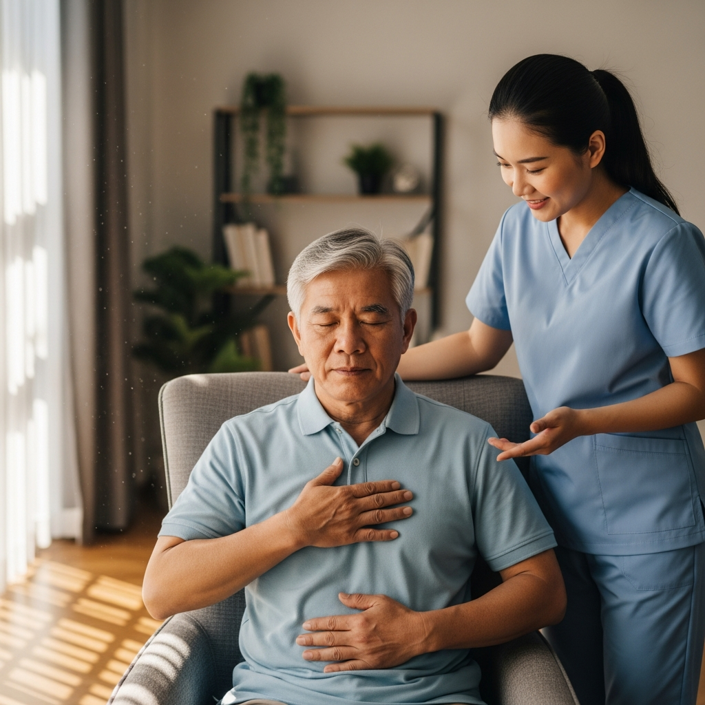 Cụ ông thực hiện bài tập thở cơ hoành với sự hướng dẫn của chuyên gia y tế để cải thiện chức năng phổi.