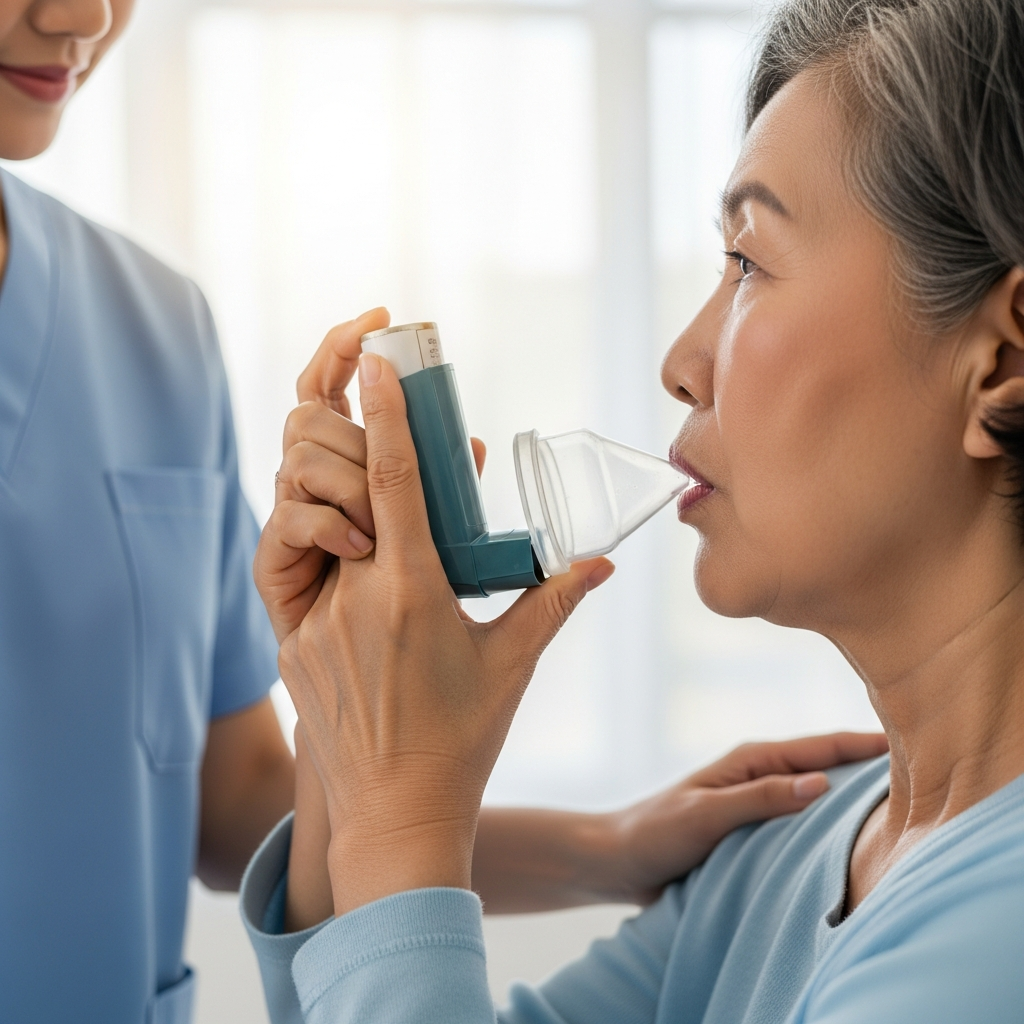 Người cao tuổi đang thực hành sử dụng bình xịt hen với buồng đệm dưới sự hướng dẫn của nhân viên y tế.