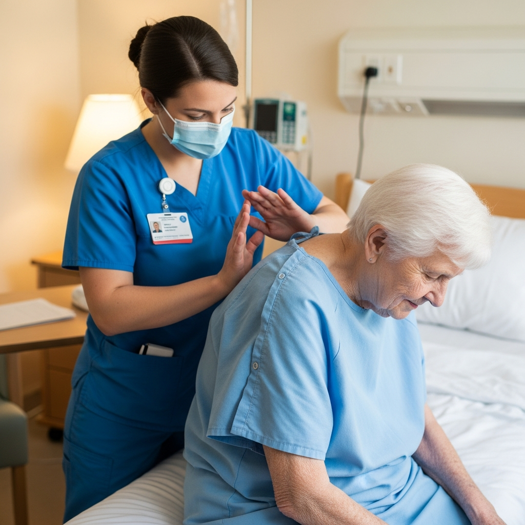 Kỹ thuật viên thực hiện động tác vỗ rung long đờm và vật lý trị liệu hô hấp cho người bệnh phổi.