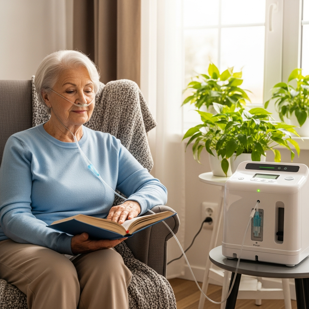 Người bệnh COPD thư giãn tại nhà khi đang sử dụng máy tạo oxy và dây thở oxy đường mũi