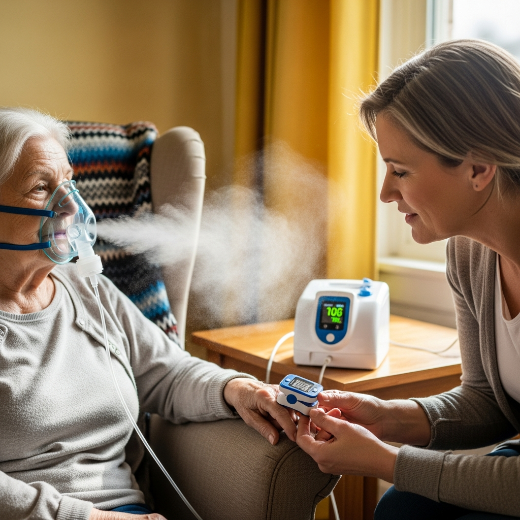 Người cao tuổi đang sử dụng máy xông khí dung và máy đo nồng độ oxy SpO2 tại nhà với sự hỗ trợ của người thân.