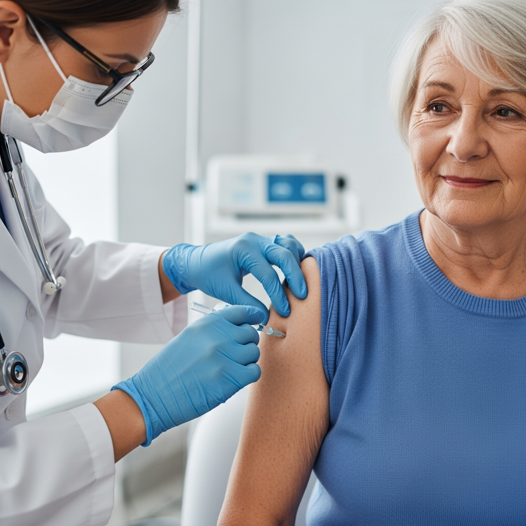 Bác sĩ đang tiêm vắc-xin phòng bệnh cho người cao tuổi tại cơ sở y tế sạch sẽ và an toàn.