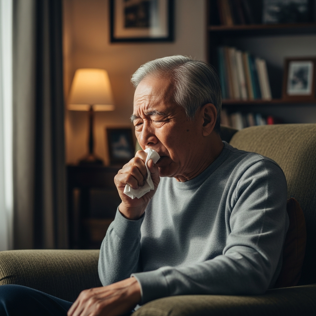 Hình ảnh cụ ông ngồi trên ghế sofa, tay cầm khăn giấy che miệng khi đang ho, vẻ mặt mệt mỏi thể hiện triệu chứng ho kéo dài.