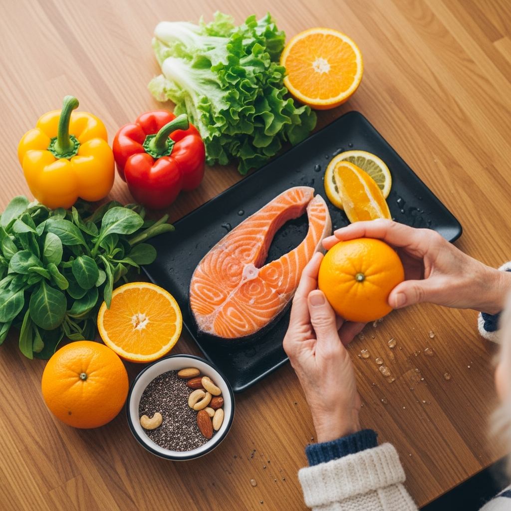 Các loại thực phẩm tốt cho người bệnh hen suyễn bao gồm cá hồi, rau củ quả và các loại hạt.