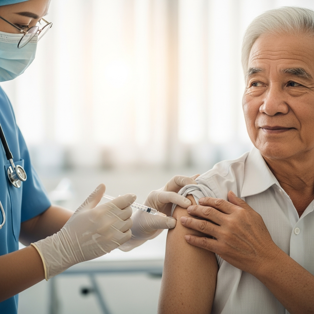 Nhân viên y tế đang tiêm vắc xin phòng ngừa cho người cao tuổi, biện pháp hiệu quả nhất để tránh viêm phổi.