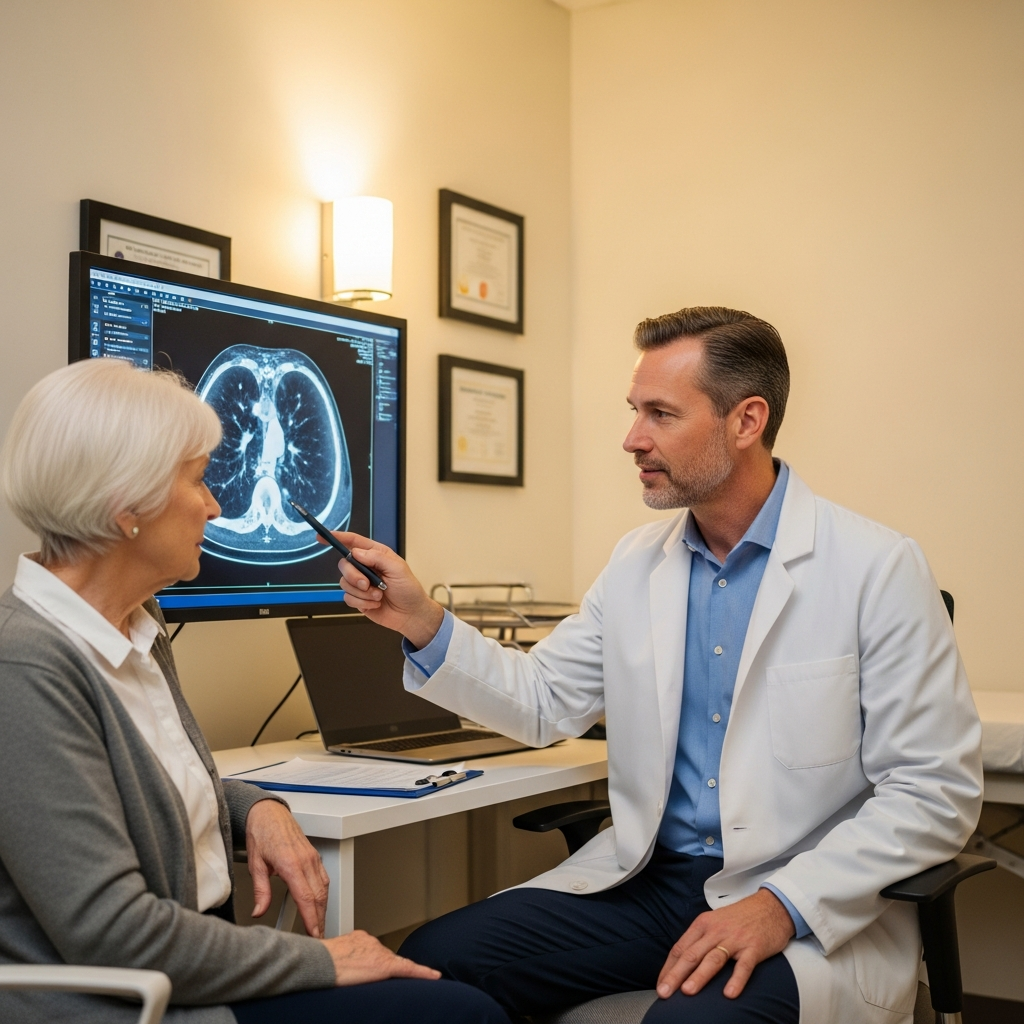 Bác sĩ đang chỉ vào phim chụp X-quang phổi và tư vấn cho bệnh nhân cao tuổi để phân biệt bệnh lý hô hấp.
