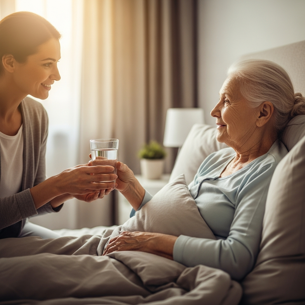 Người thân đang chăm sóc người già tại nhà, đưa nước ấm và kê cao gối giúp giảm ho và dễ chịu hơn.