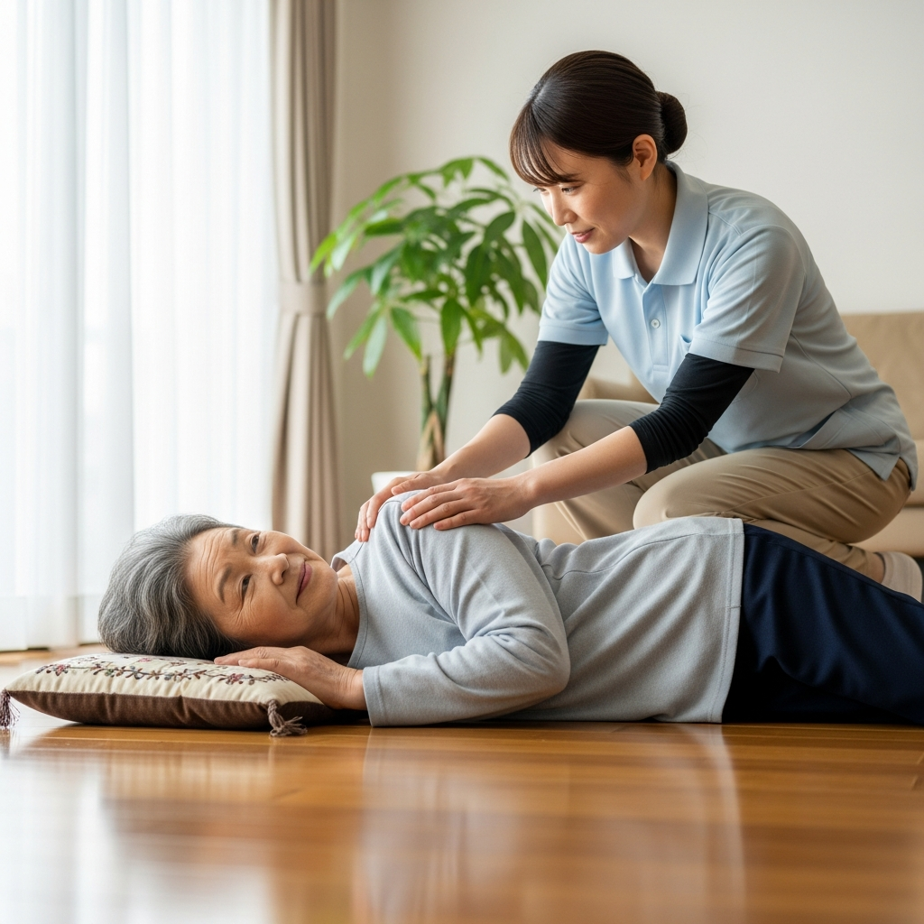 Hình ảnh minh họa người chăm sóc đang quỳ xuống kiểm tra tình trạng của người cao tuổi bị ngã một cách bình tĩnh trước khi đỡ dậy.