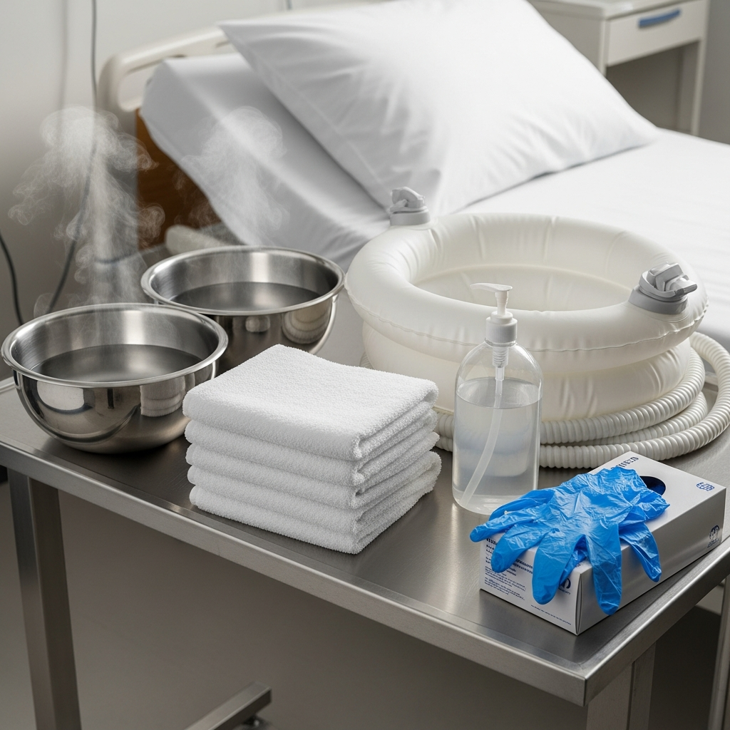 Các dụng cụ cần thiết để tắm gội tại giường bao gồm thau nước, khăn, xà phòng và máng gội đầu