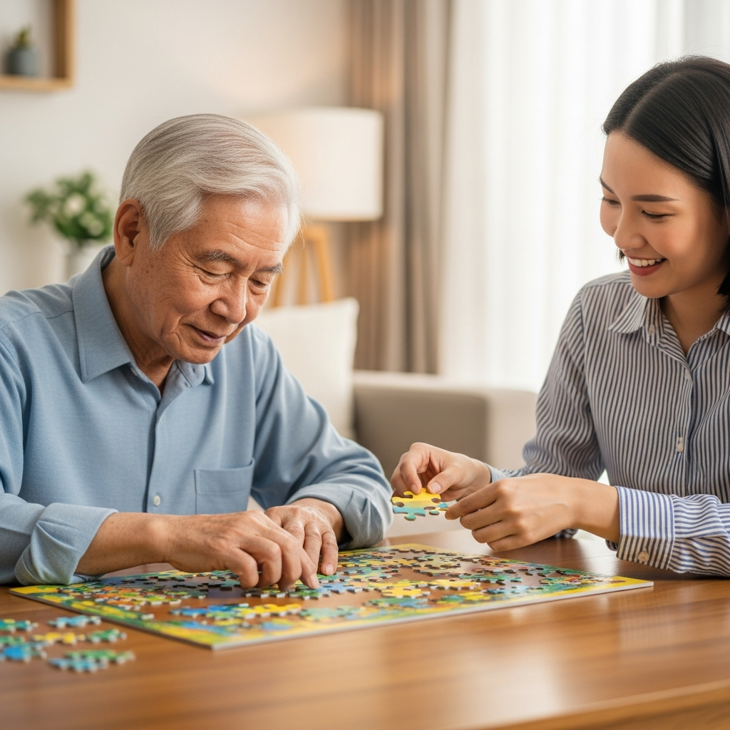 Người cao tuổi và người thân cùng nhau chơi ghép hình để kích thích não bộ và rèn luyện trí nhớ.