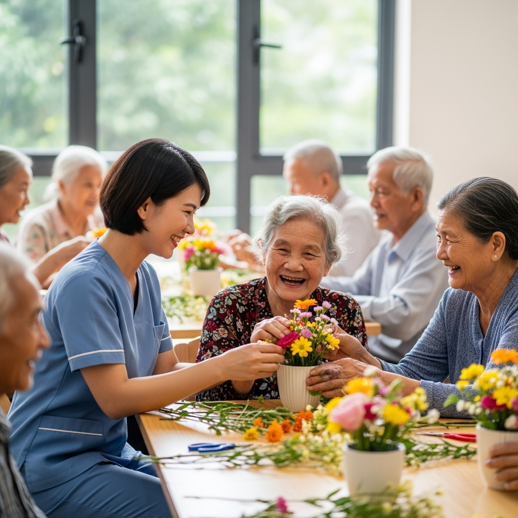 Người cao tuổi tham gia hoạt động giải trí tập thể cùng nhân viên chăm sóc tại trung tâm bán trú