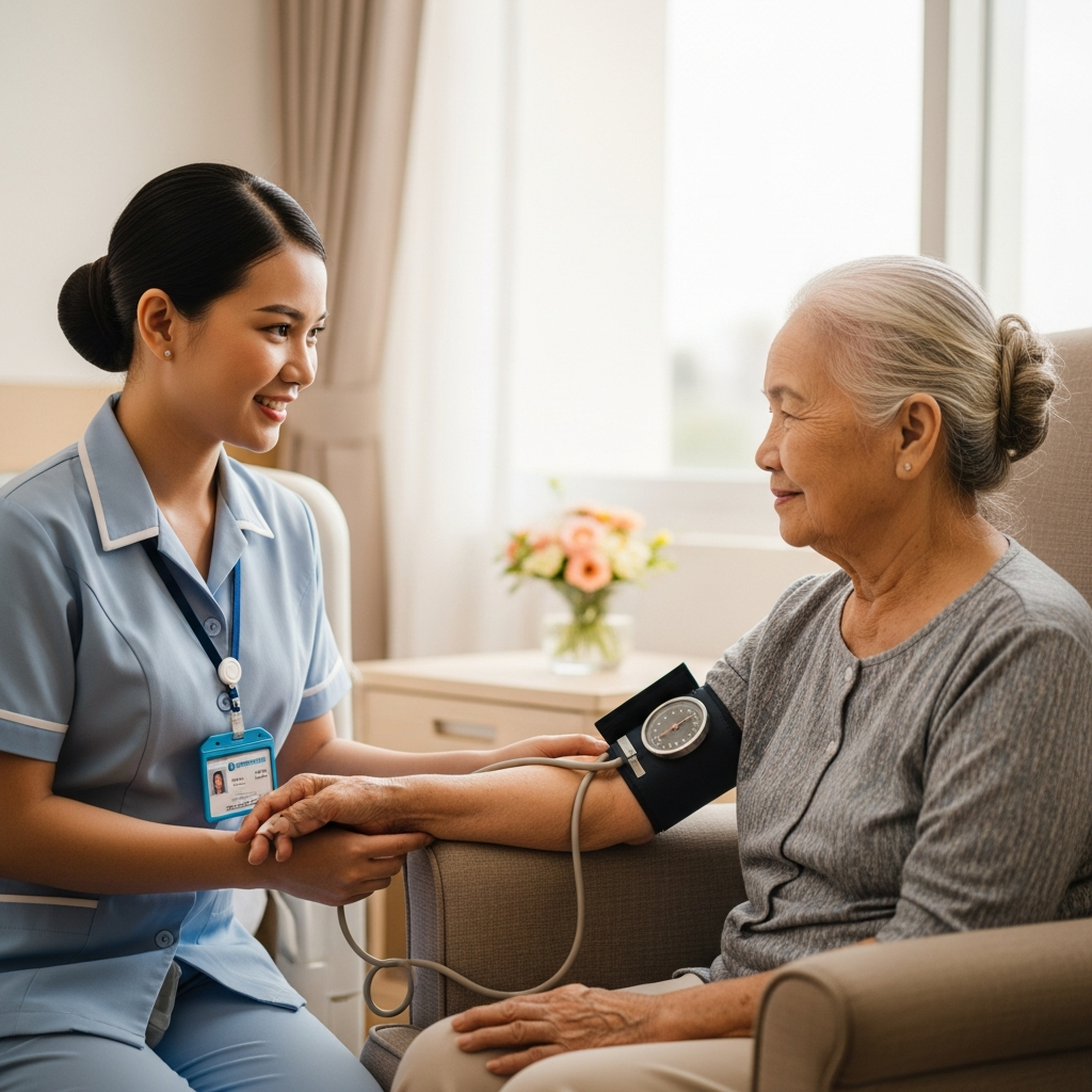 Hình ảnh nhân viên y tế đang tận tình chăm sóc và kiểm tra sức khỏe cho người cao tuổi tại một viện dưỡng lão tiện nghi.