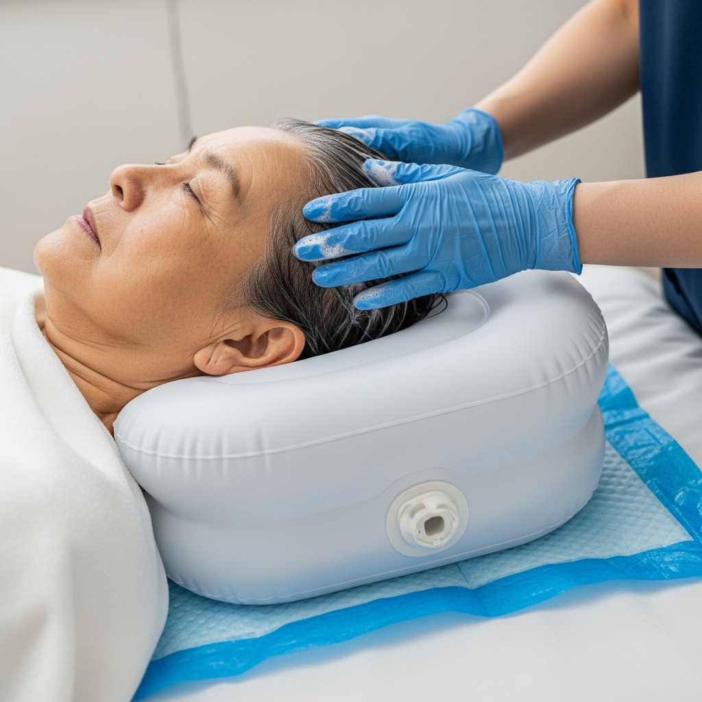 Người chăm sóc đang gội đầu cho người già nằm trên giường sử dụng máng gội đầu bơm hơi chuyên dụng