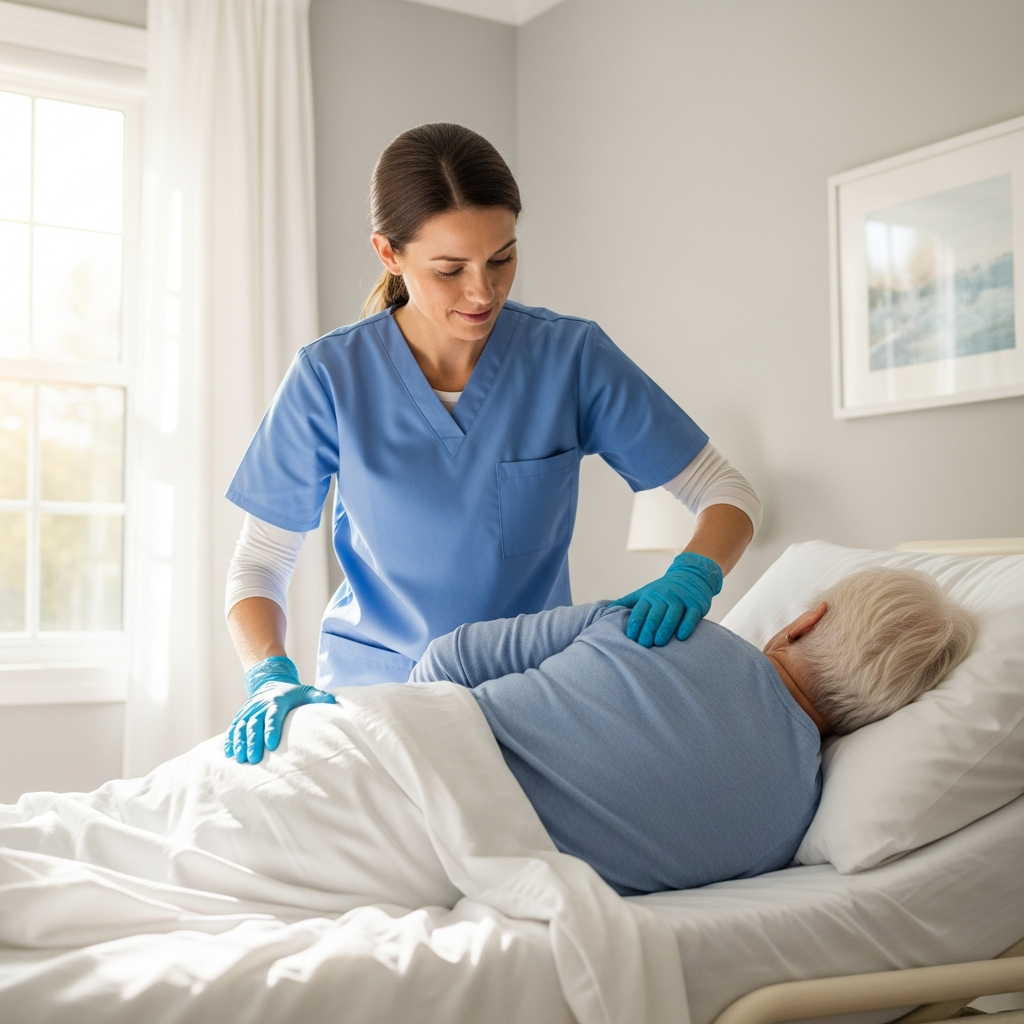 Người chăm sóc thực hiện kỹ thuật xoay trở người già nằm liệt giường sang một bên để chuẩn bị thay tã.