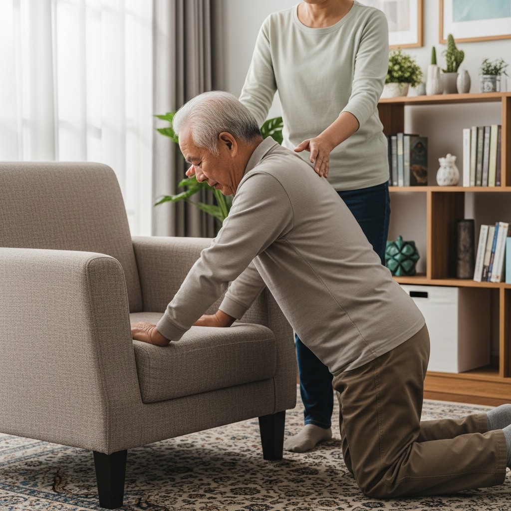 Minh họa kỹ thuật an toàn để người già tự đứng dậy bằng cách dùng ghế làm điểm tựa, với người thân đứng cạnh hỗ trợ giám sát.