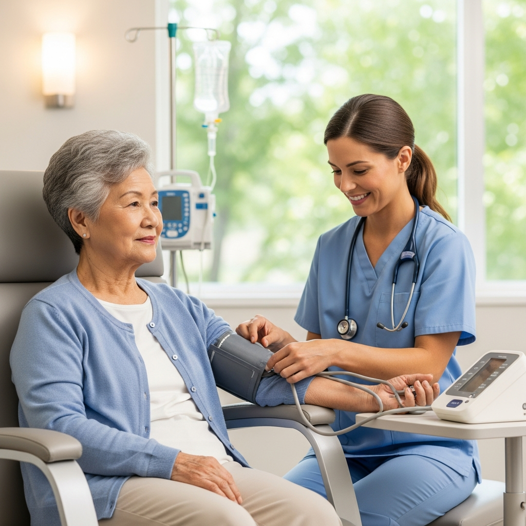 Y tá đang kiểm tra huyết áp cho người cao tuổi trong phòng chăm sóc phục hồi sức khỏe sạch sẽ và an toàn