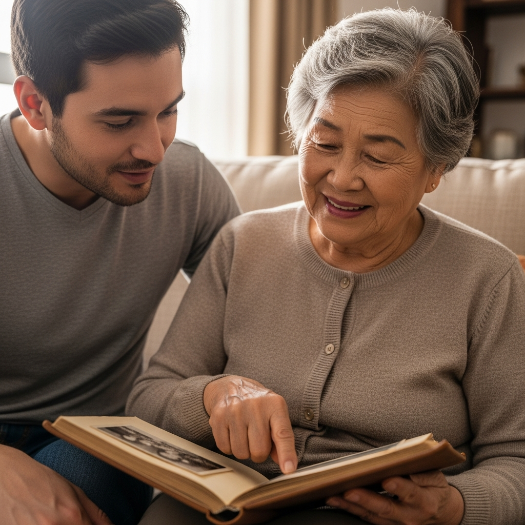 Bà cụ vui vẻ xem lại album ảnh cũ và kể chuyện cho con cháu nghe, giúp khơi gợi ký ức vui vẻ.