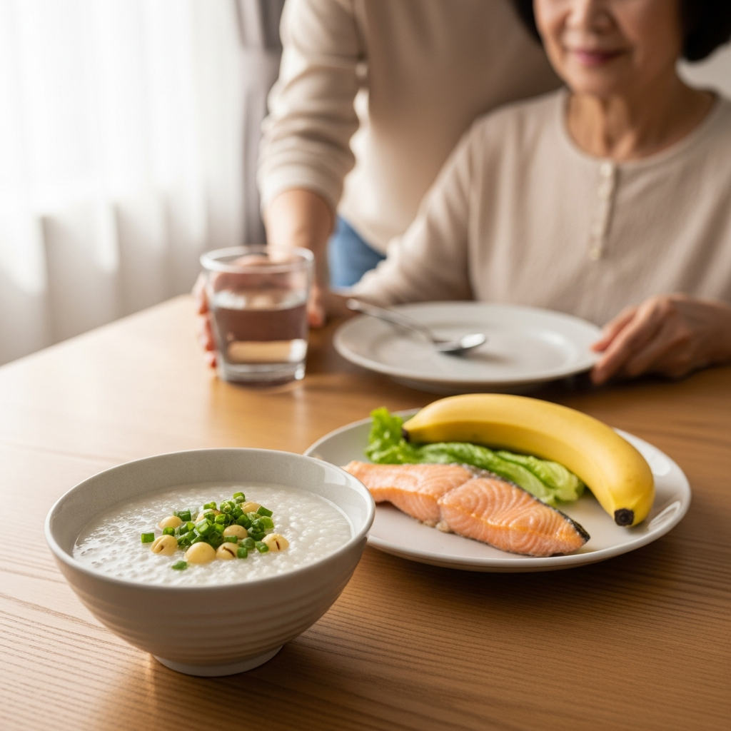 Bữa ăn dinh dưỡng hỗ trợ giấc ngủ cho người già gồm cháo hạt sen, cá hồi và trái cây.