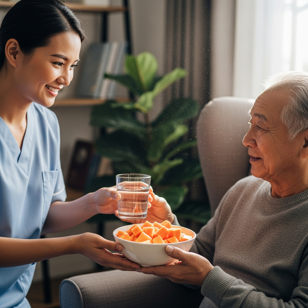 Người chăm sóc hỗ trợ người cao tuổi uống nước và ăn trái cây mềm để cải thiện tiêu hóa